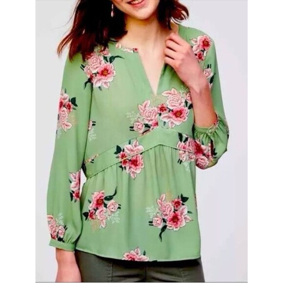 LOFT Tops - LOFT Green Floral V-Neck Peasant Long Sleeve Blouse Top Semi Sheer M Feminine
